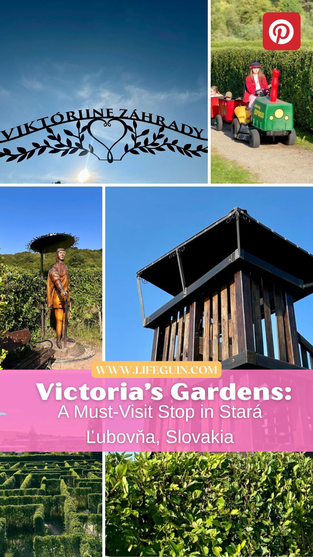 Pinterest pin for Victoria’s Gardens featuring a wooden tower, maze, train, and wooden figure