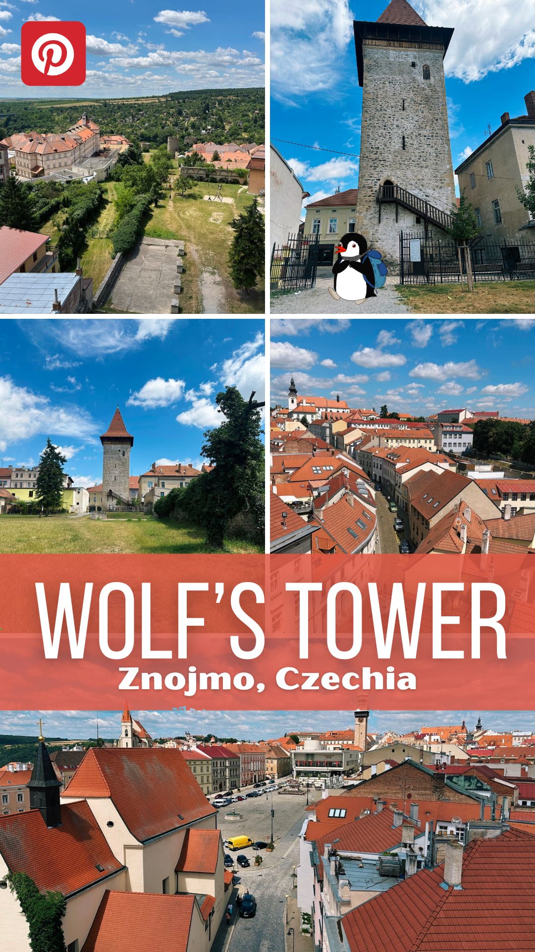 Collage showing Znojmo’s Wolf Tower and surrounding historic town views in Czechia