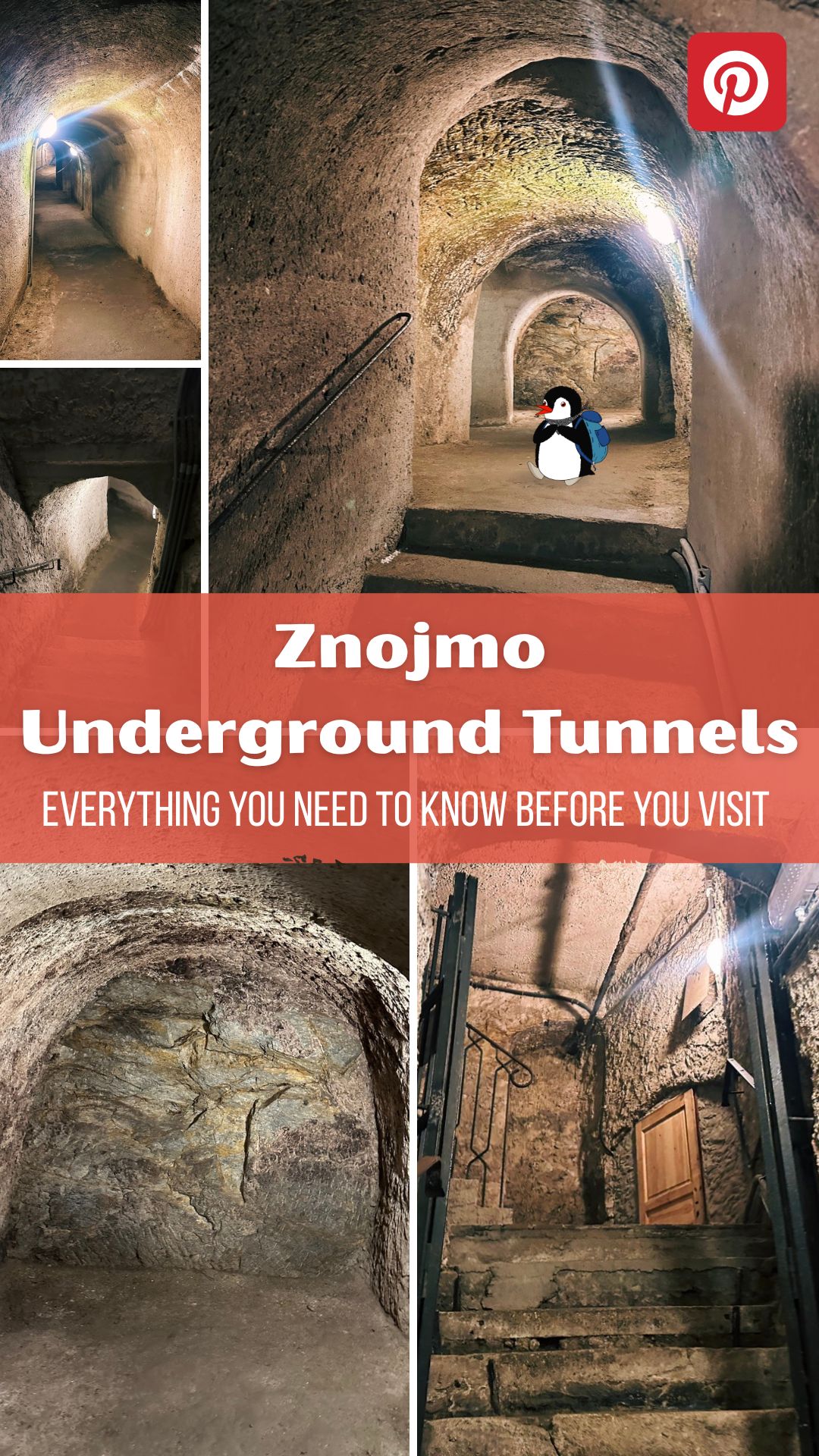Pinterest pin of Znojmo Underground Tunnels featuring a cartoon penguin and travel guide text